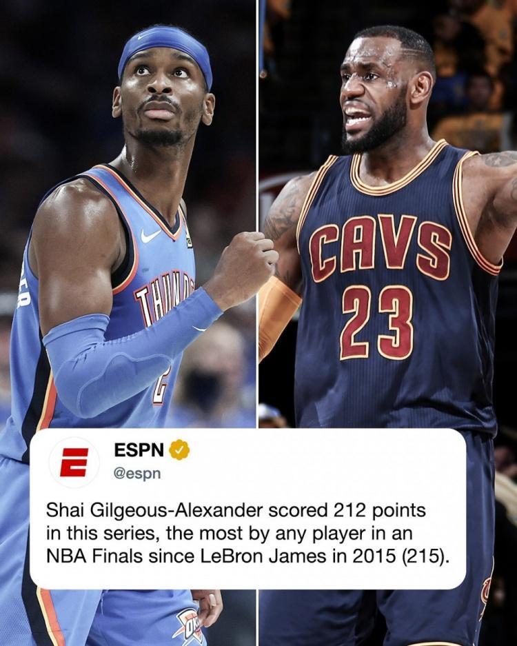 亚历山大系列赛砍212分 NBA总决赛自2015年的詹姆斯后最多